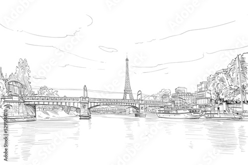 View of the bridge Le Pont de Bir-Hakeim and the Eiffel Tower. River Seine.  Paris, France. Urban sketch. Hand drawn vector illustration