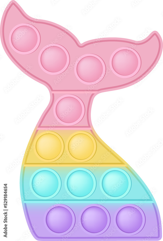 Popit figure mermaid tail as a fashionable silicon toy for fidgets. Addictive anti stress toy in pastel rainbow colors. Bubble anxiety developing pop it toys for kids. PNG illustration isolated Popit figure mermaid tail as a fashionable silicon toy for fidgets. Addictive anti stress toy in pastel rainbow colors. Bubble anxiety developing pop it toys for kids. PNG illustration isolated