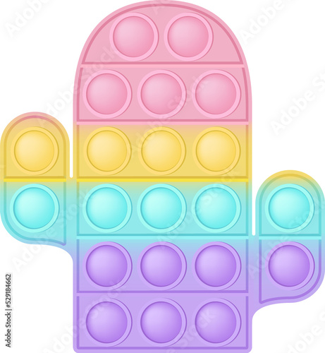 Popit figure cactus as a fashionable silicon toy for fidgets. Addictive anti stress toy in pastel rainbow colors. Bubble anxiety developing pop it toys for kids. PNG illustration isolated