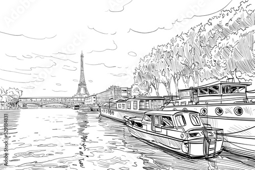 View of the bridge Le Pont de Bir-Hakeim and the Eiffel Tower. River Seine.  Paris, France. Urban sketch. Hand drawn vector illustration