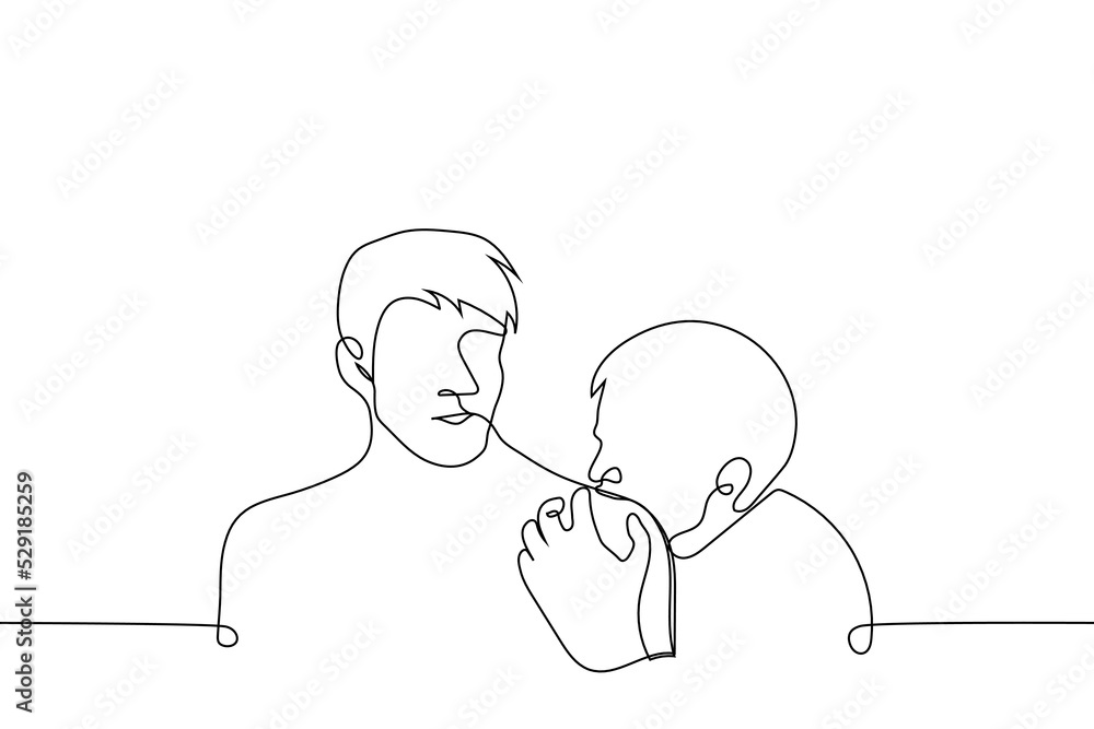 man biting friend's shoulder - one line drawing vector. concept cute aggression