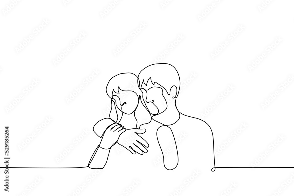man hugging a woman from behind - one line drawing vector. concept of consolation, romantic hugs man hugging a woman from behind - one line drawing vector. concept of consolation, romantic hugs