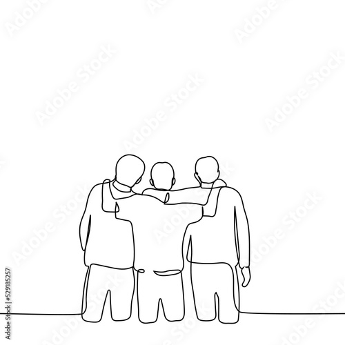 friends stand embracing and look in the same direction with their backs to the viewer - one line drawing vector. concept best friends, family