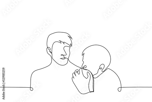 man biting friend's shoulder - one line drawing vector. concept cute aggression