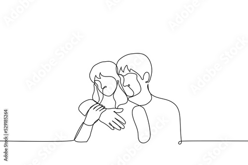 man hugging a woman from behind - one line drawing vector. concept of consolation, romantic hugs