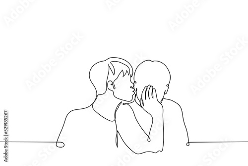 man kisses into the cheek of another man's ear - one line drawing vector. concept a homosexual man in love flirts or seduces a lover, a man makes fun of a friend