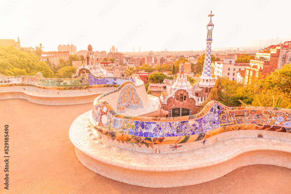 Picture of Park Guell of Barcelona captured during golden hour ...