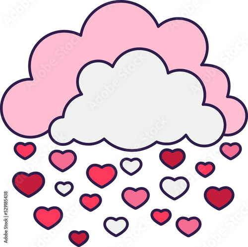 Retro Valentine Day icon clouds with hearts. Love symbol in the fashionable pop line art style. The cute cloud is in soft pink, red, and coral color. Png illustration isolated
