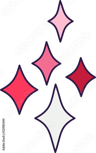 Retro Valentine Day icon stars of diamonds. Love symbol in the fashionable pop line art style. The cute sparks are in soft pink  red  and coral color. Png illustration isolated