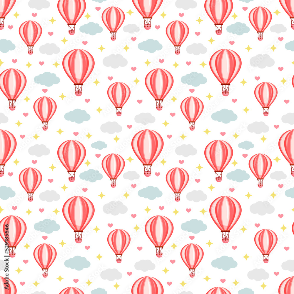 Seamless pattern with pink hot air balloon flying in the sky between the clouds. Vector texture illustration for postcard, textile, decor, paper, texture, wrapping.