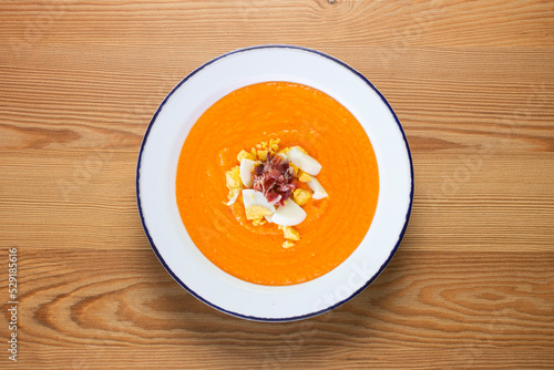 Salmorejo. Traditional Spanish cold soup made with bread, tomato and vegetables. Traditional tapa from the city of Córdoba in southern Spain.