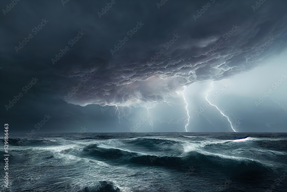 lightning in the sky over the ocean, epic thunder sea background