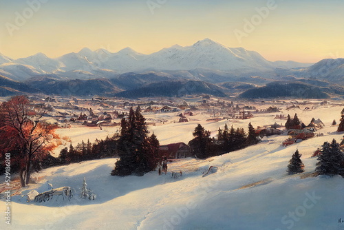 beautiful christmas winter landscape in the mountains, snowy mountains, digital illustration, digital painting, realistic illustration, cg artwork, book illustration