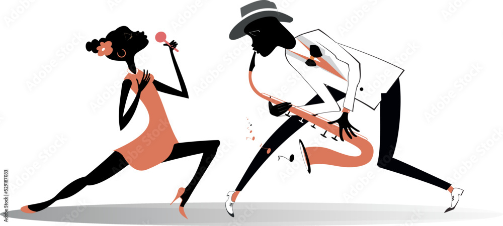 Fototapeta premium Illustration of African saxophonist man and African singer woman. African man plays saxophone and African singer woman sings to microphone with great inspiration 