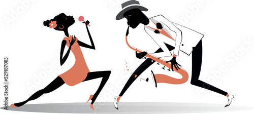 Illustration of African saxophonist man and African singer woman.
African man plays saxophone and African singer woman sings to microphone with great inspiration
