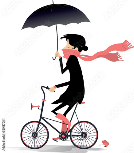 Rainy and windy day and woman rides a bike. Illustration. Young woman with an umbrella rides a bike under the strong wind and rain. Isolated on white background