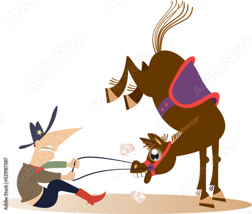 Cartoon rider and a balky horse isolated illustration. 
Rodeo. Man or cowboy is trying to hold the flushed horse. Isolated on white background
