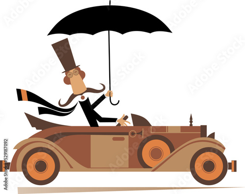 Cartoon man with umbrella drives a car illustration.
Funny long mustache man in the top hat with umbrella drives cabriolet. Isolated on white background
