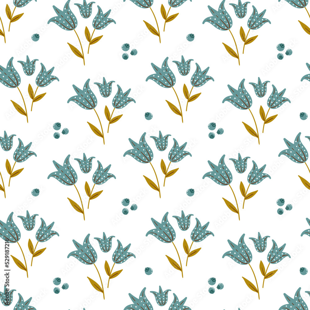 Cute seamless pattern with pretty abstract bluebells and blueberries Cute seamless pattern with pretty abstract bluebells and blueberries