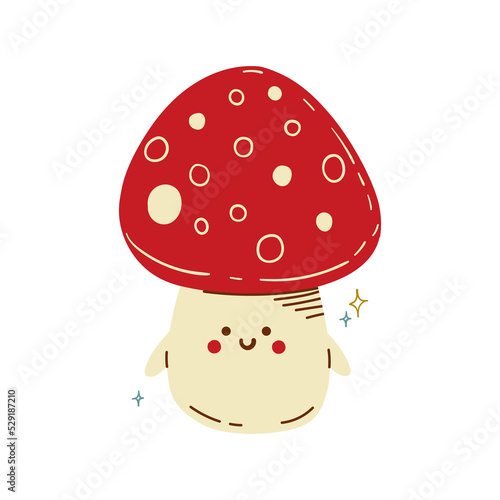 Cute amanita mushroom character hand drawn in doodle style. Vector illustration isolated on white background