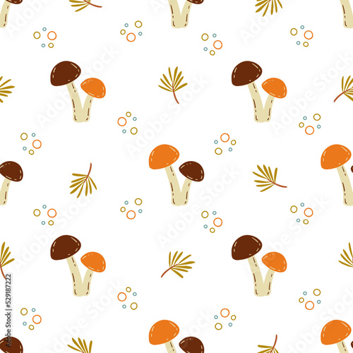 Seamless fall pattern with brown cup boletus mushrooms and leaves