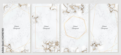 A set of elegant marbled social media templates. Collection of vector backgrounds with white marble, gold sequins and geometric lines