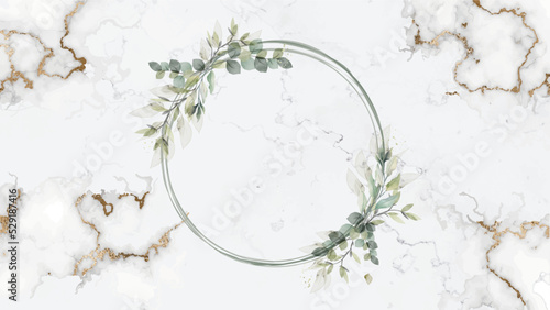 Elegant background with white marble, gold and a bouquet of leaves in the centre, with space for text. Vector