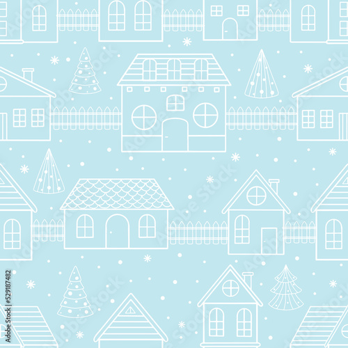 Seamless pattern with Christmas houses and Christmas tree. Great for fabric, textile vector illustration © Anastasiya 