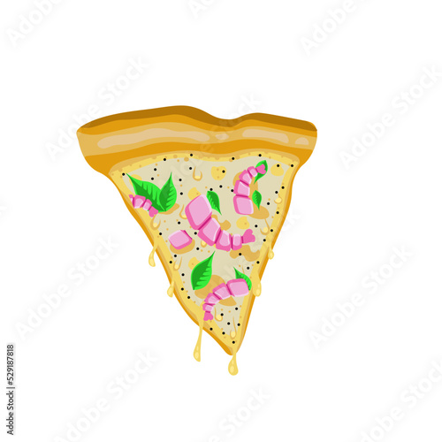 Slice triangle pizza with viscous cheeze, basil, black pepper and shrimps isolated on white background. Vector illustration