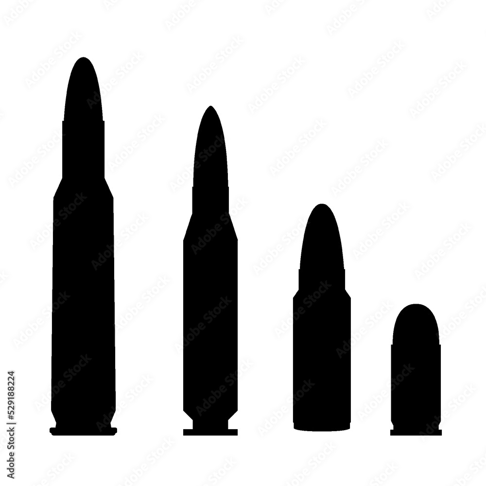 Collection of bullets and cartridges. Bullet black silhouettes set. Collection of bullets and cartridges. Bullet black silhouettes set.