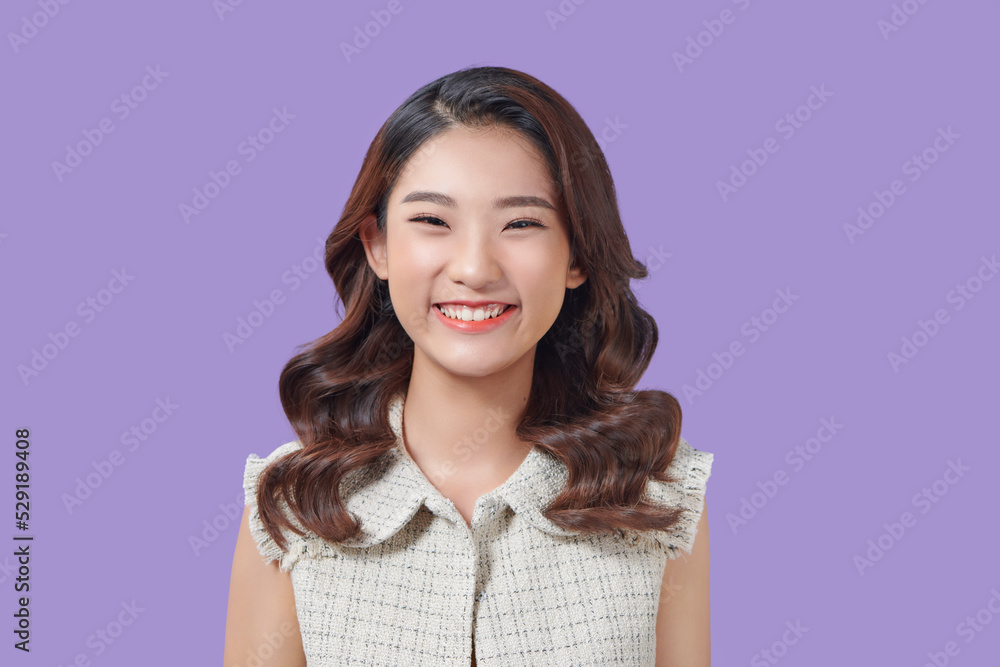 Portrait of happy and positive woman close eyes, smiling carefree on purple background. Portrait of happy and positive woman close eyes, smiling carefree on purple background.