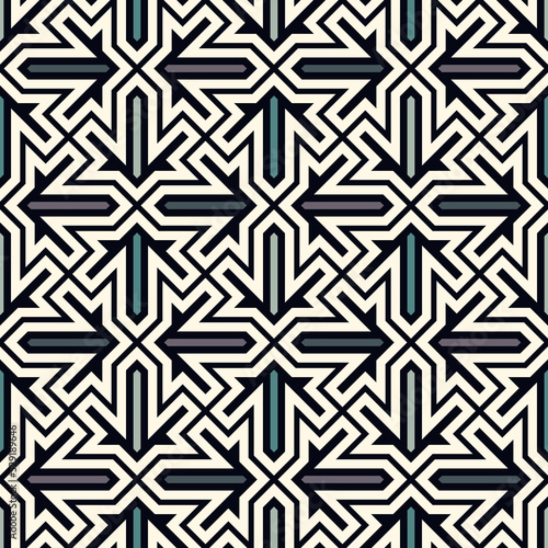 Seamless ethnic ornament. Tribal wallpaper. Arrows image. Folk pattern. Geeometric backdrop. Mosaics motif. Grid background. Digital paper. Textile print. Ethnical web design. Abstract vector artwork.