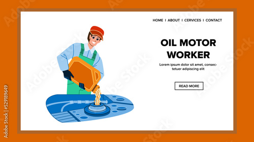 oil motor worker vector. car auto service, auto mechanic vehicle, change station oil motor worker web flat cartoon illustration