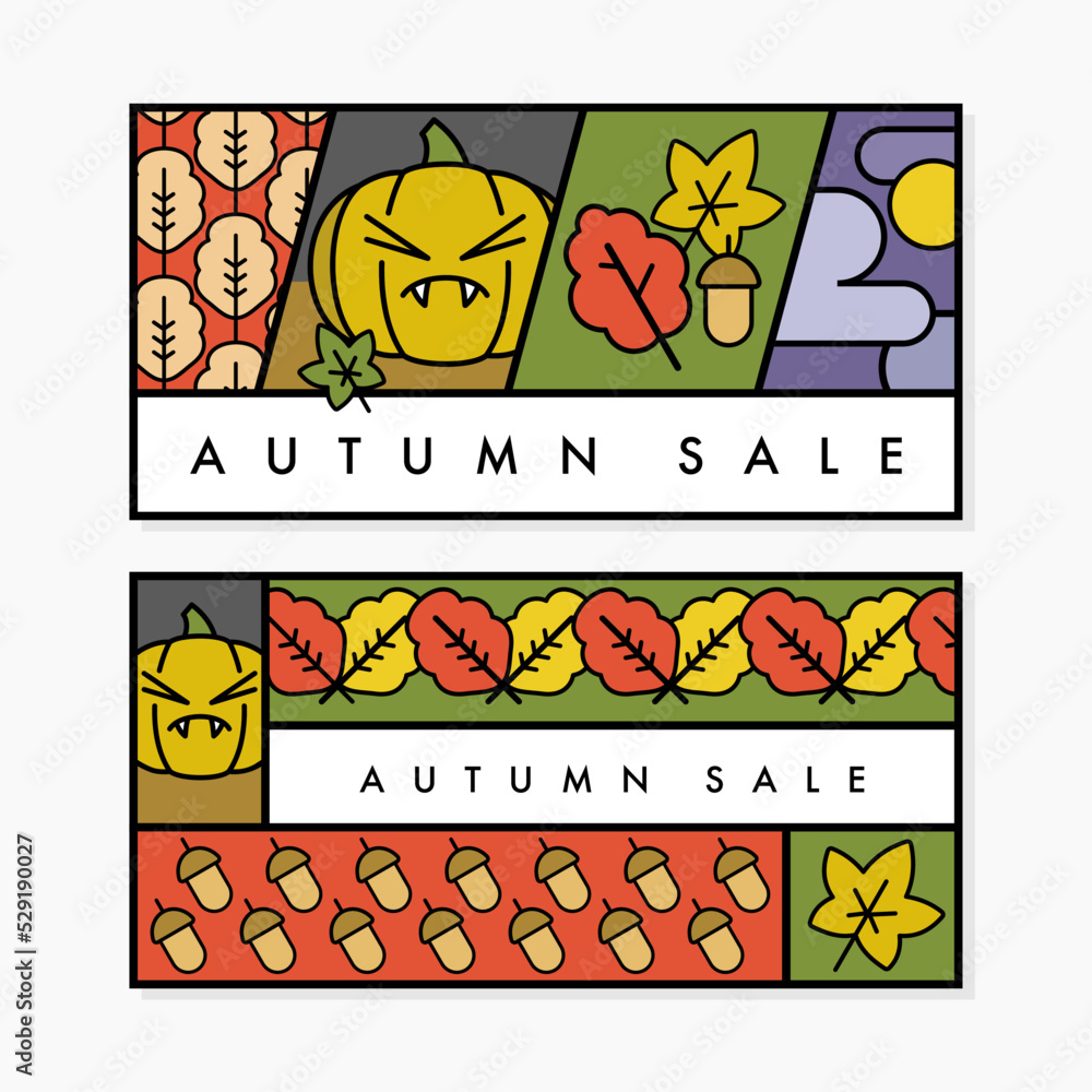 Set of autumn sale horizontal banners in flat style. Vector illustration of falling autumn leaves, acorn and pumpkin
