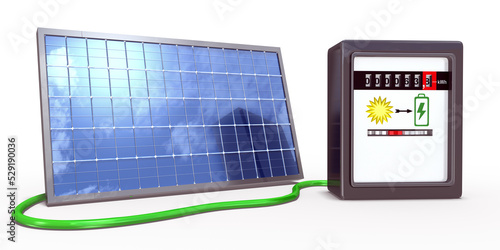 3d Solarpanel mit Stromzähler und Elektrokabel, freigestellt photo