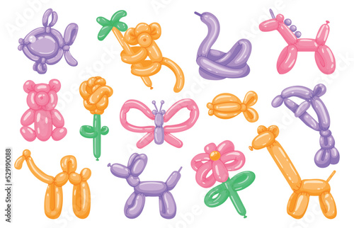 Cartoon balloon toys. Wild animals and pets round colorful symbols, cute children birthday party decoration. Vector snake dog monkey fish balloons collection
