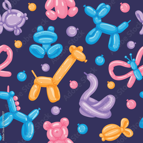 Balloon animals pattern. Seamless print of colorful animals birds and insects balloon emblems, inflatable birthday party decoration. Vector cartoon texture
