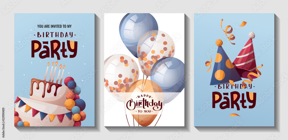 Set of Birthday cards with cake, caps, balloons. Handwritten lettering. Birthday party, celebration, congratulations, invitation concept. Vector illustration. Postcard, card, cover.