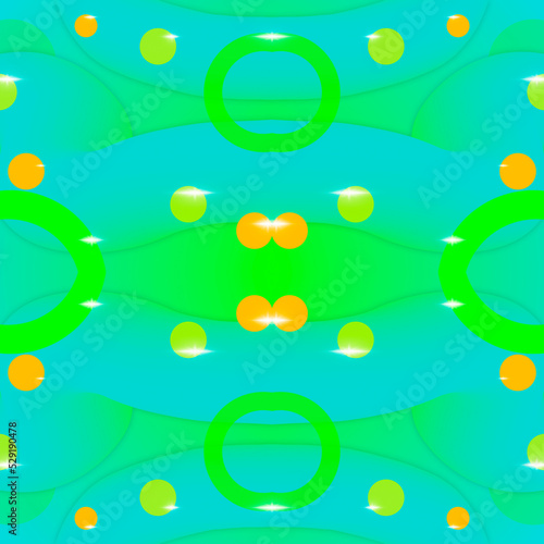 Beautiful seamless abstraction with liquids and balls on a gradient background of turquoise and green colors. Mirror 3D image with turquoise  green and orange color. 