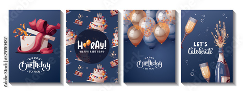 Set of Birthday cards with cake, gift box, balloons, champagne. Handwritten lettering. Birthday party, celebration, congratulations, invitation concept. Vector illustration. Postcard, card, cover.