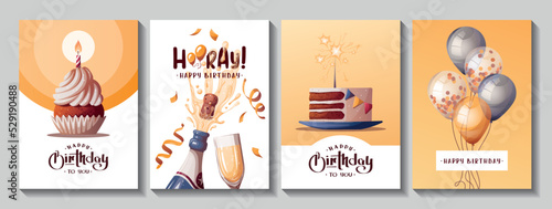 Set of Birthday cards with cake, cupcake, balloons, champagne. Handwritten lettering. Birthday party, celebration, congratulations, invitation concept. Vector illustration. Postcard, card, cover.