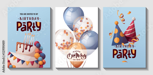 Set of Birthday cards with cake, caps, balloons. Handwritten lettering. Birthday party, celebration, congratulations, invitation concept. Vector illustration. Postcard, card, cover.