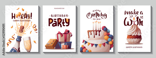 Set of Birthday cards with cake, gift boxes, cupcake, champagne. Handwritten lettering. Birthday party, celebration, congratulations, invitation concept. Vector illustration. Postcard, card, cover.