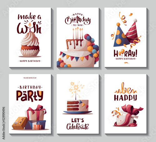 Set of Birthday cards with cake, gift boxes, cupcake, caps. Handwritten lettering. Birthday party, celebration, congratulations, invitation concept. Vector illustration. Postcard, card, cover.