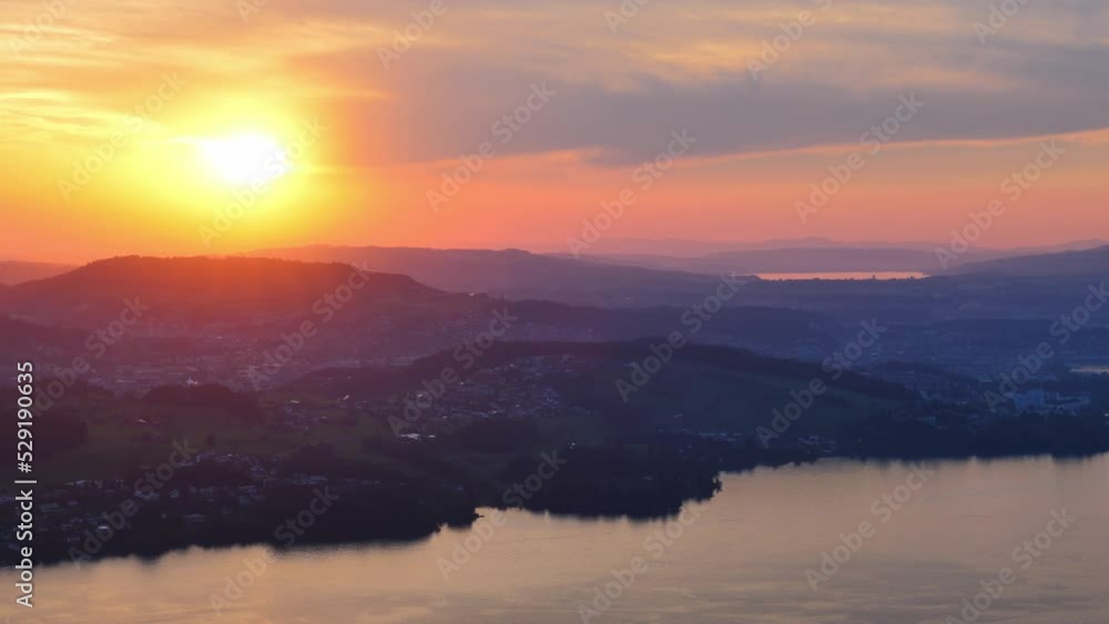 Aerial View over Mountain and Lake View in Sunset on Lake and City of Lucerne From Burgenstock, Nidwalden, Switzerland.
