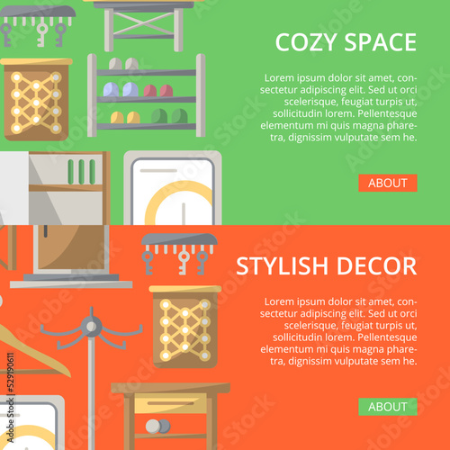 Cozy corridor space poster set. Home interior design, stylish apartment decoration and renovation. Interroom door, clothes hanger, bookshelf, cupboard, tabouret, table, key hanger vector illustration