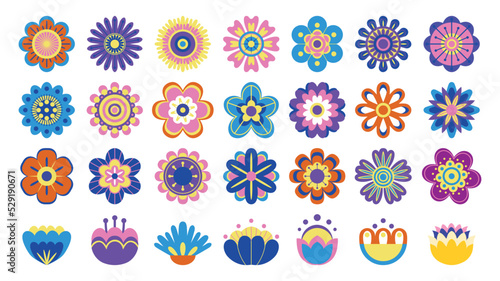 Colorful flower pictograms. Cute cartoon floral symbols, top view of kids flowers illustration, ornamental flower logo and decorative elements. Vector isolated set