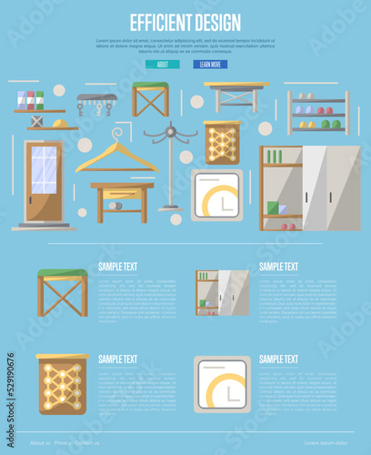 Efficiency hallway space decoration poster. Corridor interior design, stylish apartment decor and renovation. Interroom door, clothes hanger, bookshelf, cupboard, tabouret vector illustration