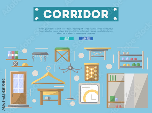 Corridor furniture poster in flat style. Hallway interior design, stylish apartment decor and renovation. Interroom door, clothes hanger, bookshelf, cupboard, tabouret, key hanger vector illustration