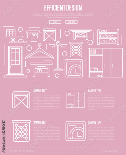 Efficiency hallway space design poster. Corridor interior design, stylish apartment decor and renovation. Interroom door, clothes hanger, bookshelf, cupboard, tabouret linear vector illustration